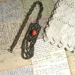 EDLEE Necklace Silver Tone W/ Coral Colored Stone